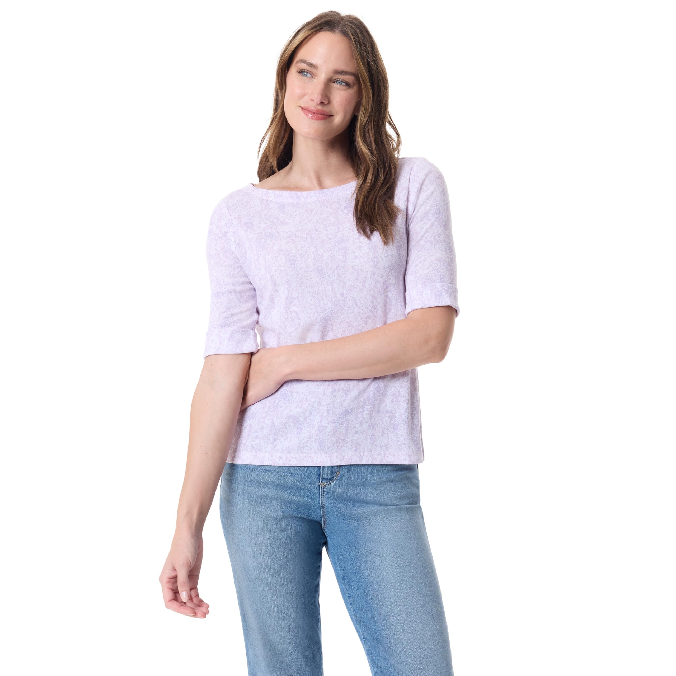 Gloria Vanderbilt Alanis Boat Neck Knit Tee Shirt with Elbow Sleeves Standard Al