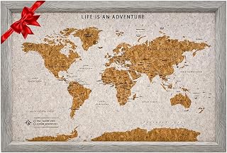 Splosh World Map Pin Board - Grey Cork Travel Map with 100 Pins, Small | Framed cork board with push pins. Pin map of the world to mark places travelled. Holiday world maps gift for wall display