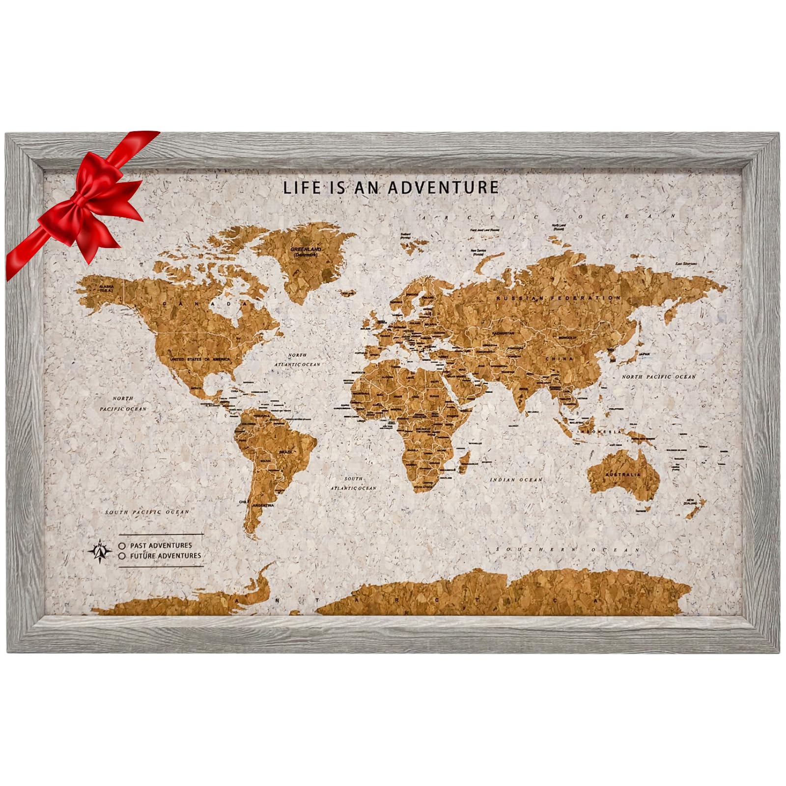 Splosh World Map Pin Board - Grey Cork Travel Map with 100 Pins, Small | Framed 