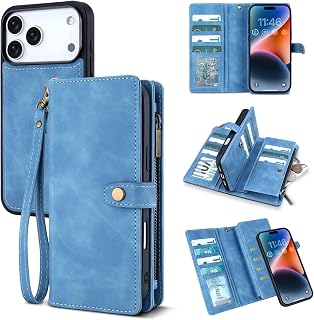 TwoHead Wallet Case for iPhone 18 Pro Max/17 Pro Max,11 Card Slots,Sky Blue