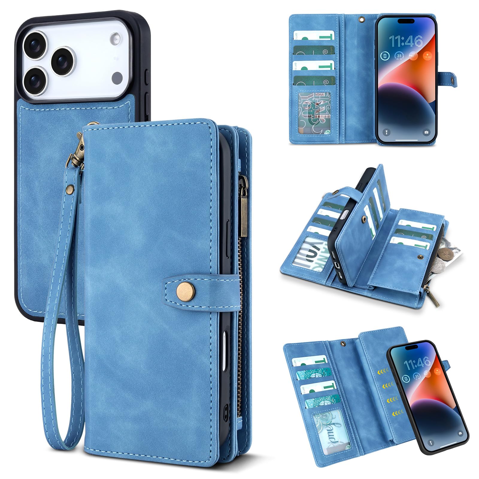 TwoHead Wallet Case for iPhone 18 Pro Max/17 Pro Max,11 Card Slots,Sky Blue