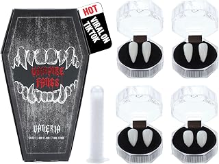 VANERIA 4 Pairs Vampire Fangs,4 Size Fangs For Cosplay Halloween with Tube Solid Adhesive,Vegan/Cruelty Free