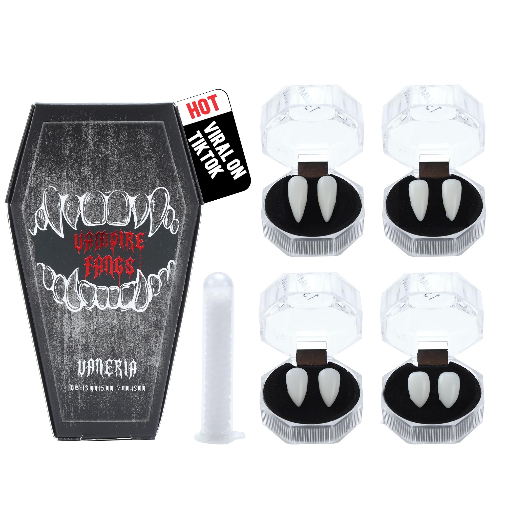 VANERIA 4 Pairs Vampire Fangs,4 Size Fangs For Cosplay Halloween with Tube Solid