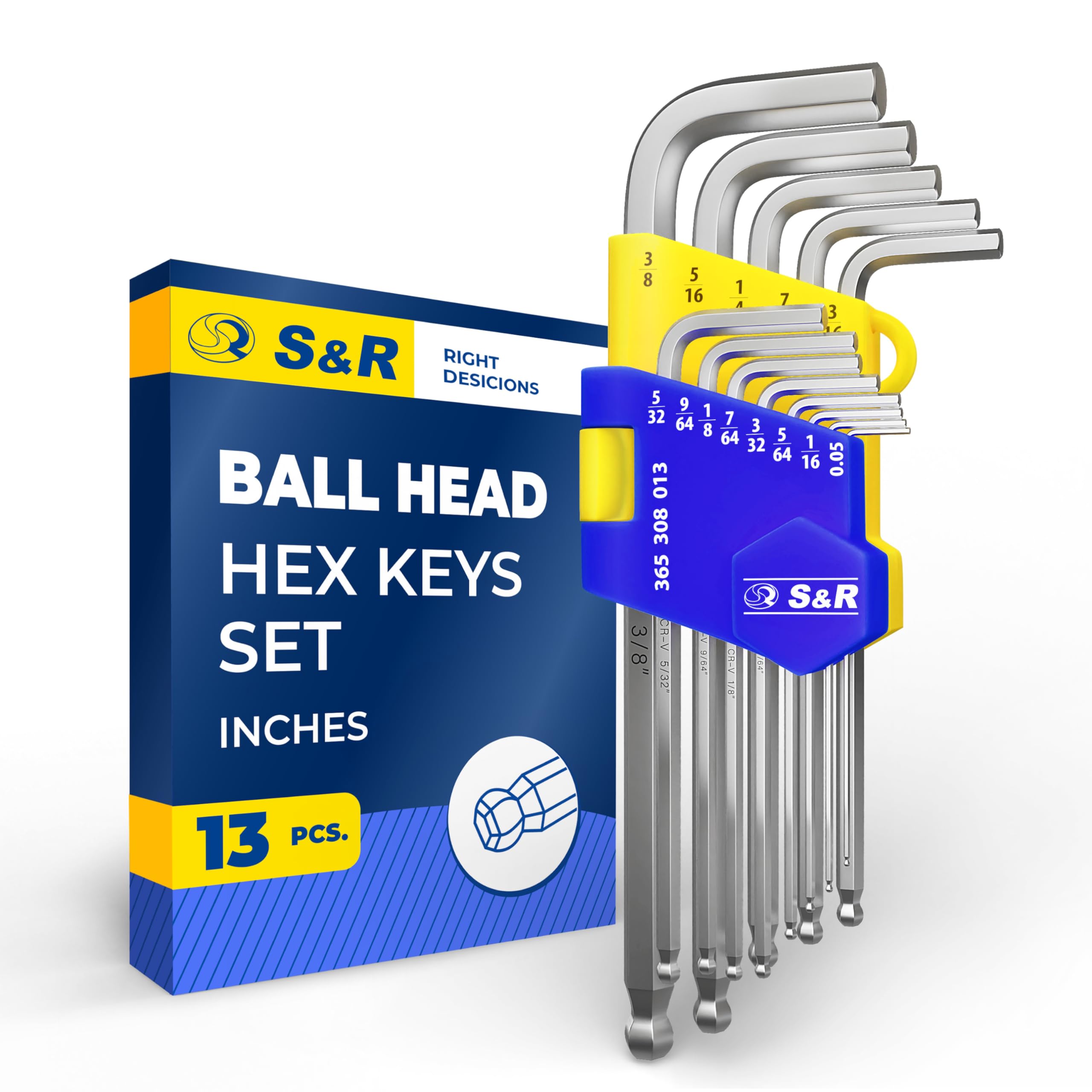 S&R Hex Key Set (13 Pieces) - Long Hexagonal Keys - Folding with Ball Head - Met