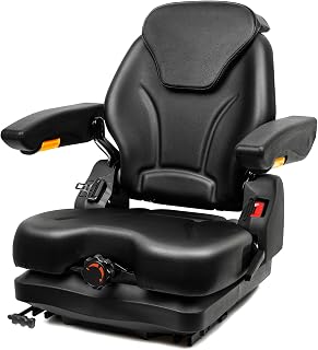 TICSEA Tractor Suspension Seat, Fold Down Forklift seat with Adjustable Angle Back, Micro Switch, Seatbelt and Armrests, Highback Low Suspension Heavy Duty for Tractor Mower Excavator Harvester