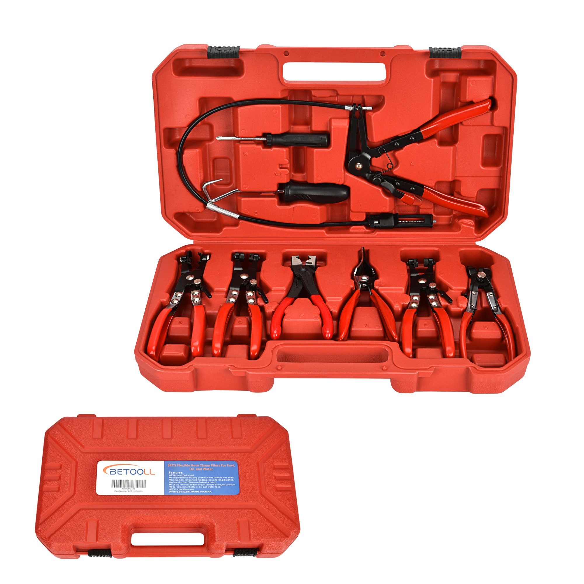 BETOOLL 9pc Hose Clamp Pliers, Professional Automotive with Flexible Wire Long R