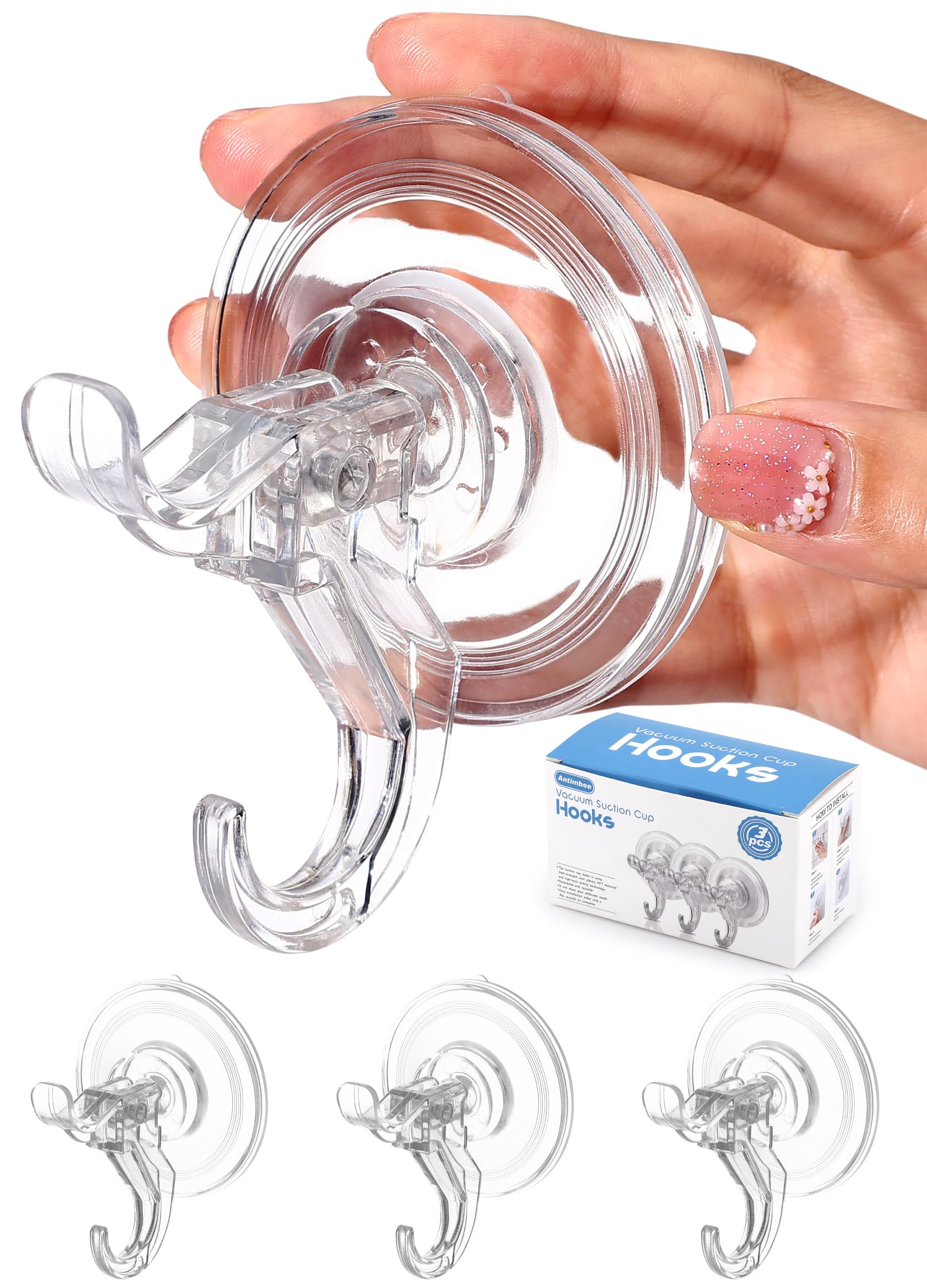 Antimbee 3 Pack Suction Cup Hooks, Reusable Clear Hanger, Max Load 11lbs | Fits 