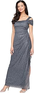 Alex Evenings Long Glitter Mesh Cold Shoulder Dress