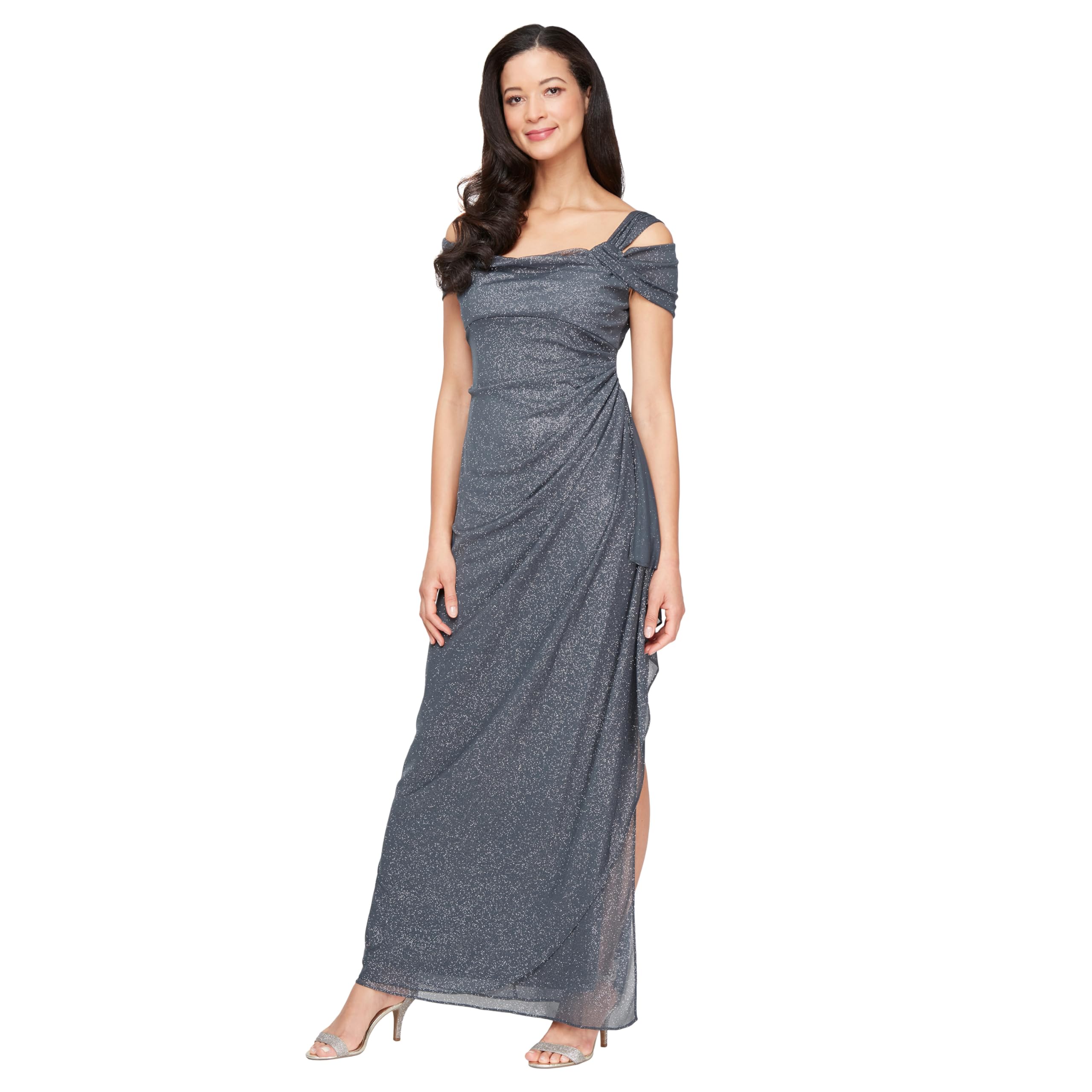 Alex Evenings Long Glitter Mesh Cold Shoulder Dress