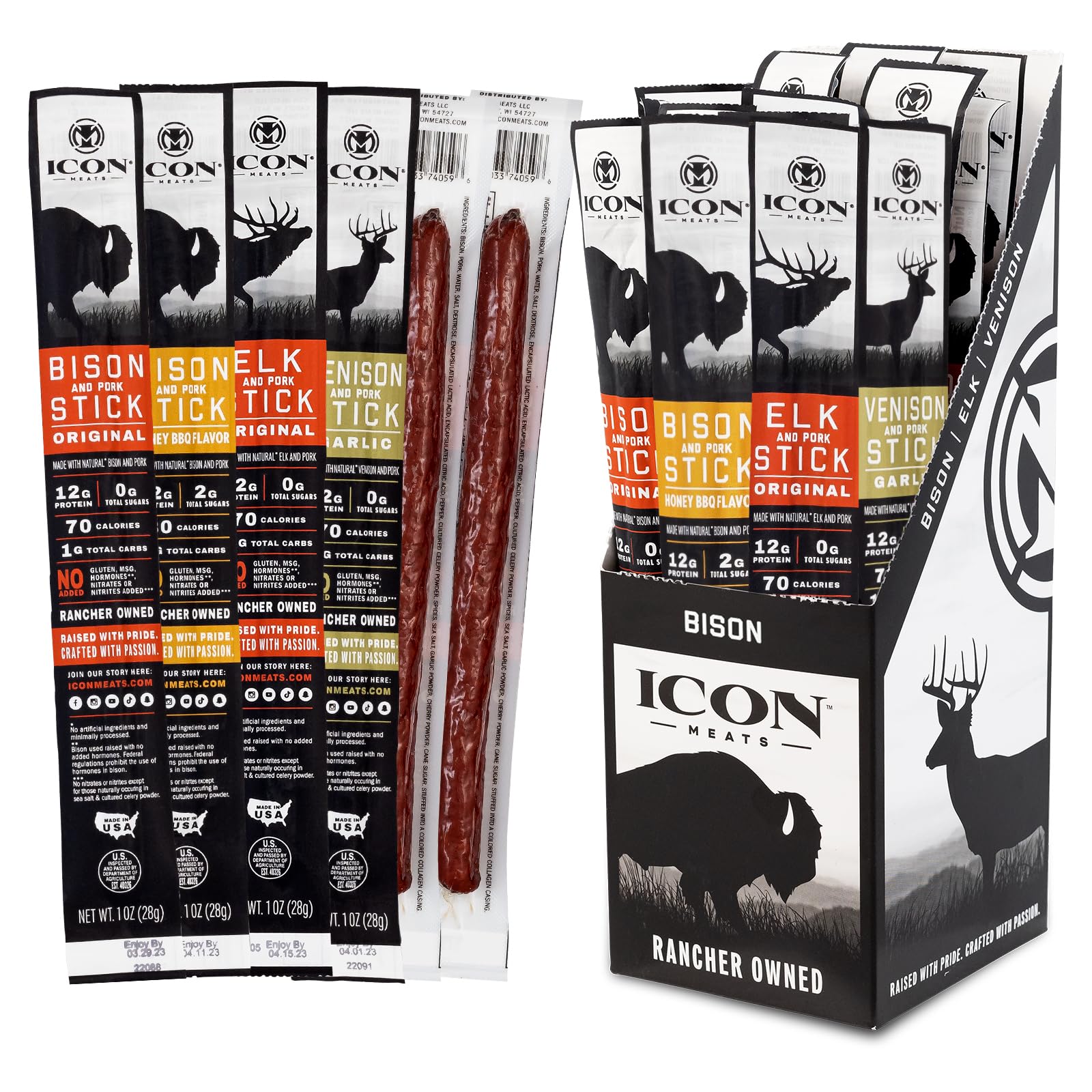 ICON Meats Snack Sticks Variety Pack, Bison, Elk, Venison & Pork, 24 Pack | Vari