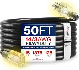 50ft Outdoor/Indoor Extension Cord 14/3 Gauge Heavy Duty 3 Prong SJTW, Waterproof, Flexible Cold-Resistant Long Power Cord,15A 125V 1875W, Black by LifeSupplyUSA