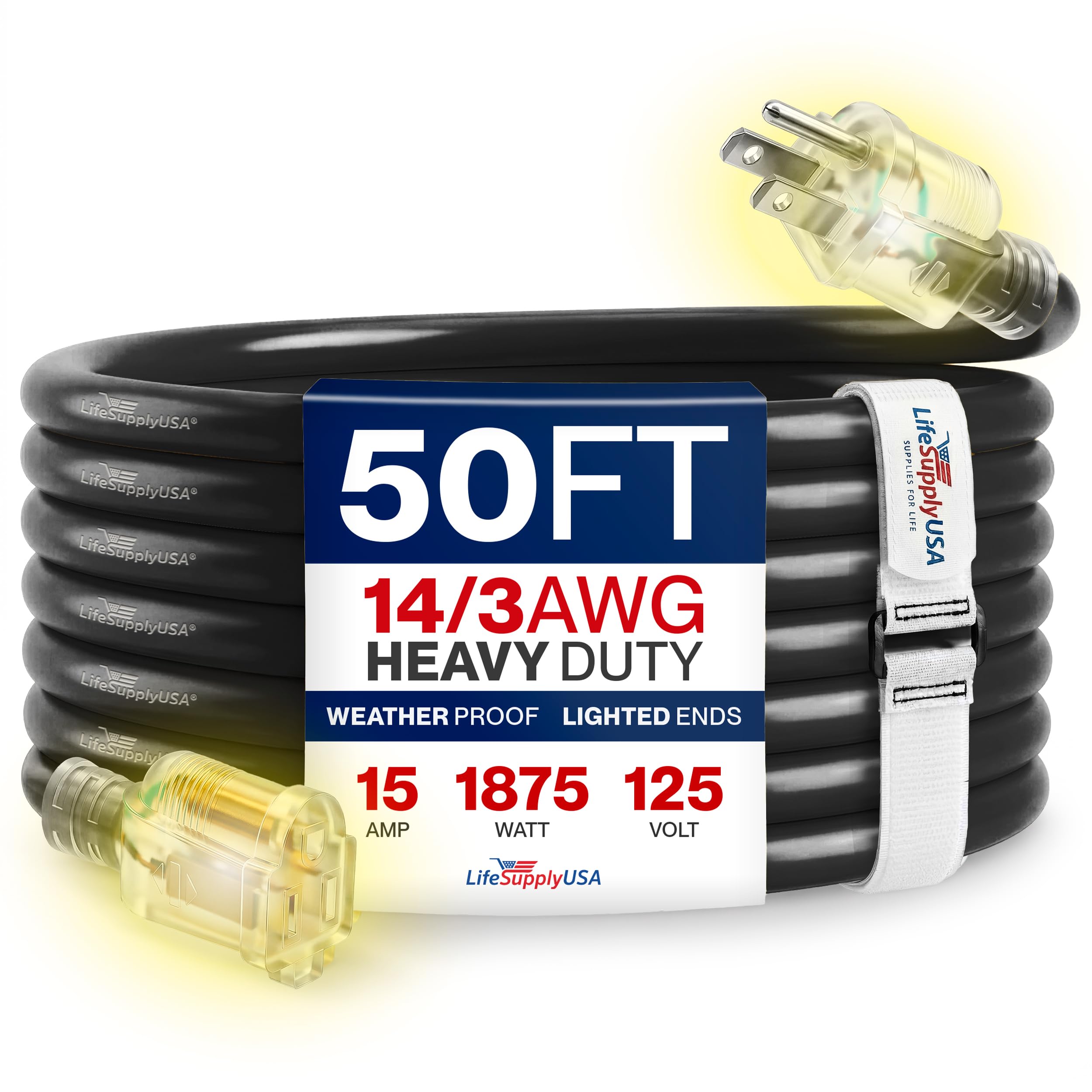 50ft Outdoor/Indoor Extension Cord 14/3 Gauge Heavy Duty 3 Prong SJTW, Waterproo