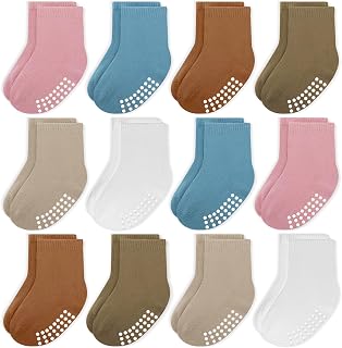 JAKIDAR 12 Pack Baby Toddler Socks Non Slip Grip Cotton Crew Socks for Boys Girls Infants Kids