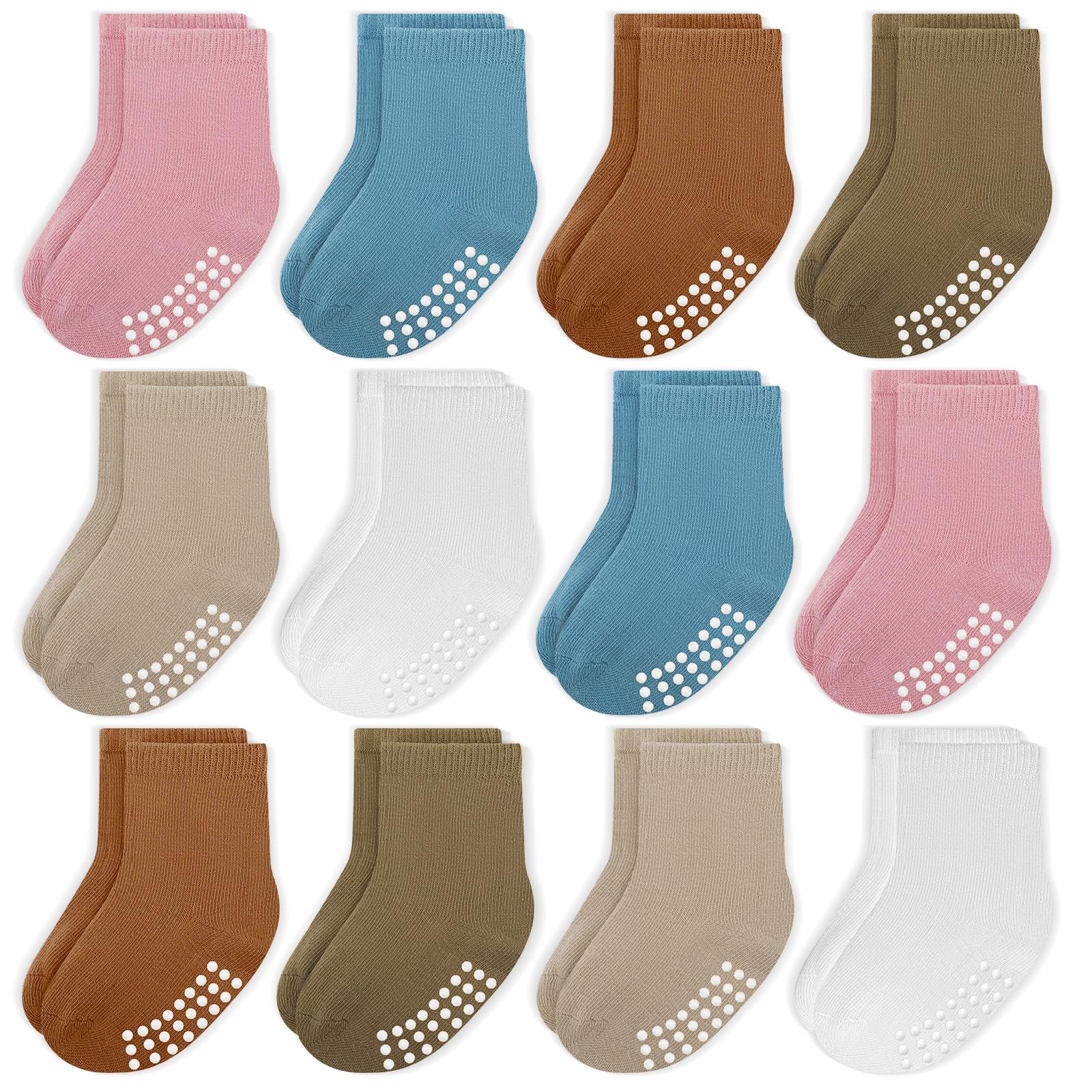 JAKIDAR 12 Pack Baby Toddler Socks Non Slip Grip Cotton Crew Socks for Boys Girl