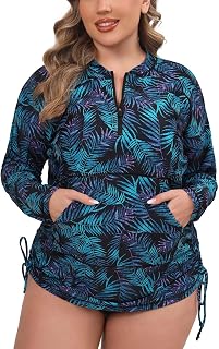 Halcurt Plus Size Rash Guard for Women UPF 50+ Zip Drawstring Ruched Pocket Top