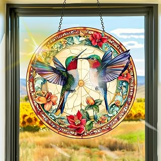 Colorful Acrylic Suncatcher, Spring Sun Catchers Hummingbirds Hanging Window Decoration, Rainbow Maker Wall Art, for Bedroom Indoor Outdoor Garden Thanksgiving Day Ornaments Decor 7.8x7.8 Inch