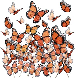 Yzurbu 24PCS Realistic Orange Monarch Butterfly Decorations – Artificial Butterflies with Wire Picks and Glue Dots for Halloween, Skeleton Fairies, DIY Crafts, and Floral Arrangements