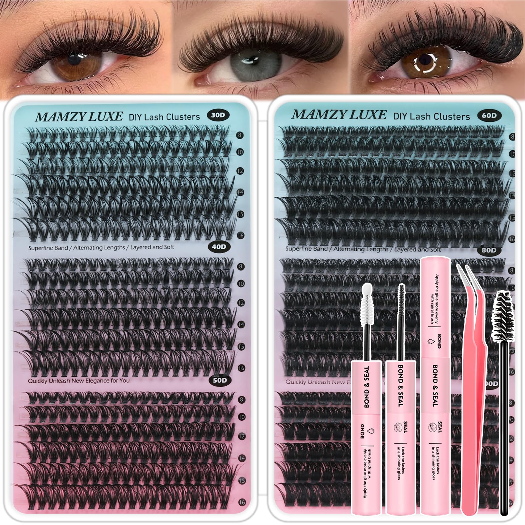 Lash Clusters Kit 708Pcs Individual Cluster Lash Extensions Kit 30D+40D+50D+60D+