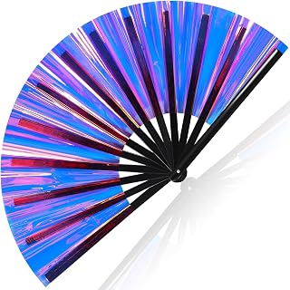 Vercraft Large Folding Hand Rave Fan for Men Women Bamboo Folding Clack Hand Fan for EDM Music Disco Rave Festival Party Supplies (Laser,Cool)