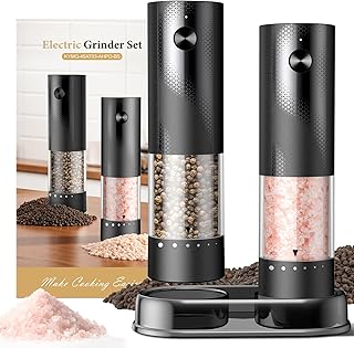 Electric Salt and Pepper Grinder Set - Rechargeable Automatic Salt and Pepper Shakers, Kitchen Appliances with External Adjustable Coarseness, Larger Hopper for Cooking, Home Gifts(2 Pack,Black/Black)
