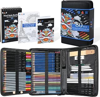 H & B 80pcs Drawing Set Sketching Pencil Set, Professional Colouring Pencils With Colouring Book,3 Colors Sketchbook,Art Supplies for Adults,Artists,Beginners