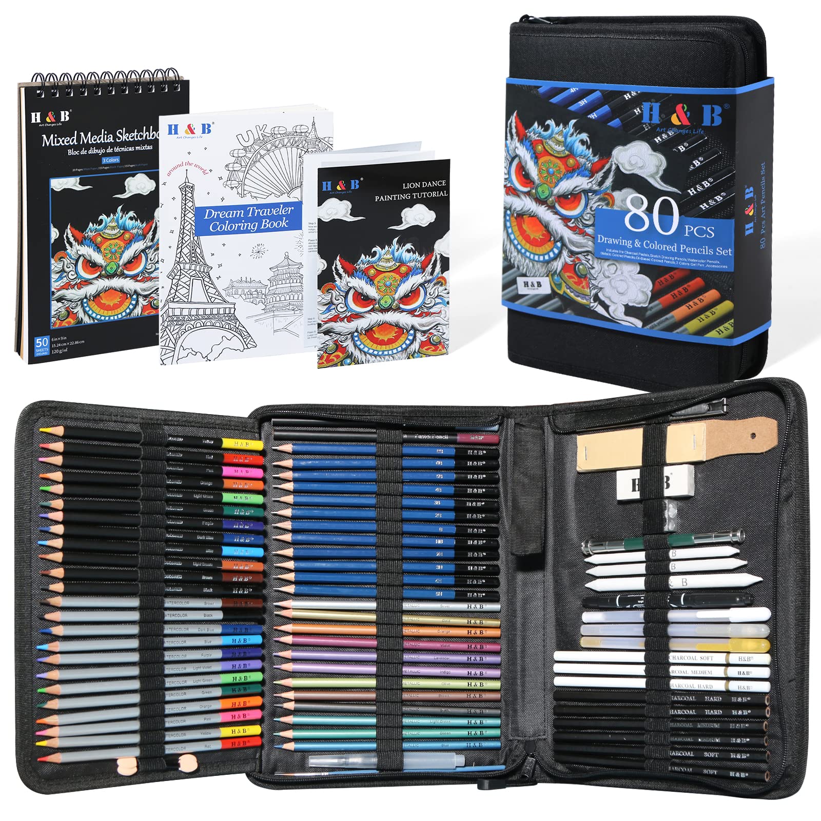 H & B 80pcs Drawing Set Sketching Pencil Set, Professional Colouring Pencils Wit