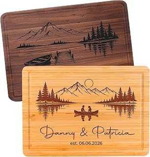 Personalized Cutting Board for Couples, Custom Engraved Wedding Gift 2026, Engagement, Newlywed, Rustic Mountain Lake Scene Design, Housewarming, Anniversary, Mr & Mrs Gift for Couples