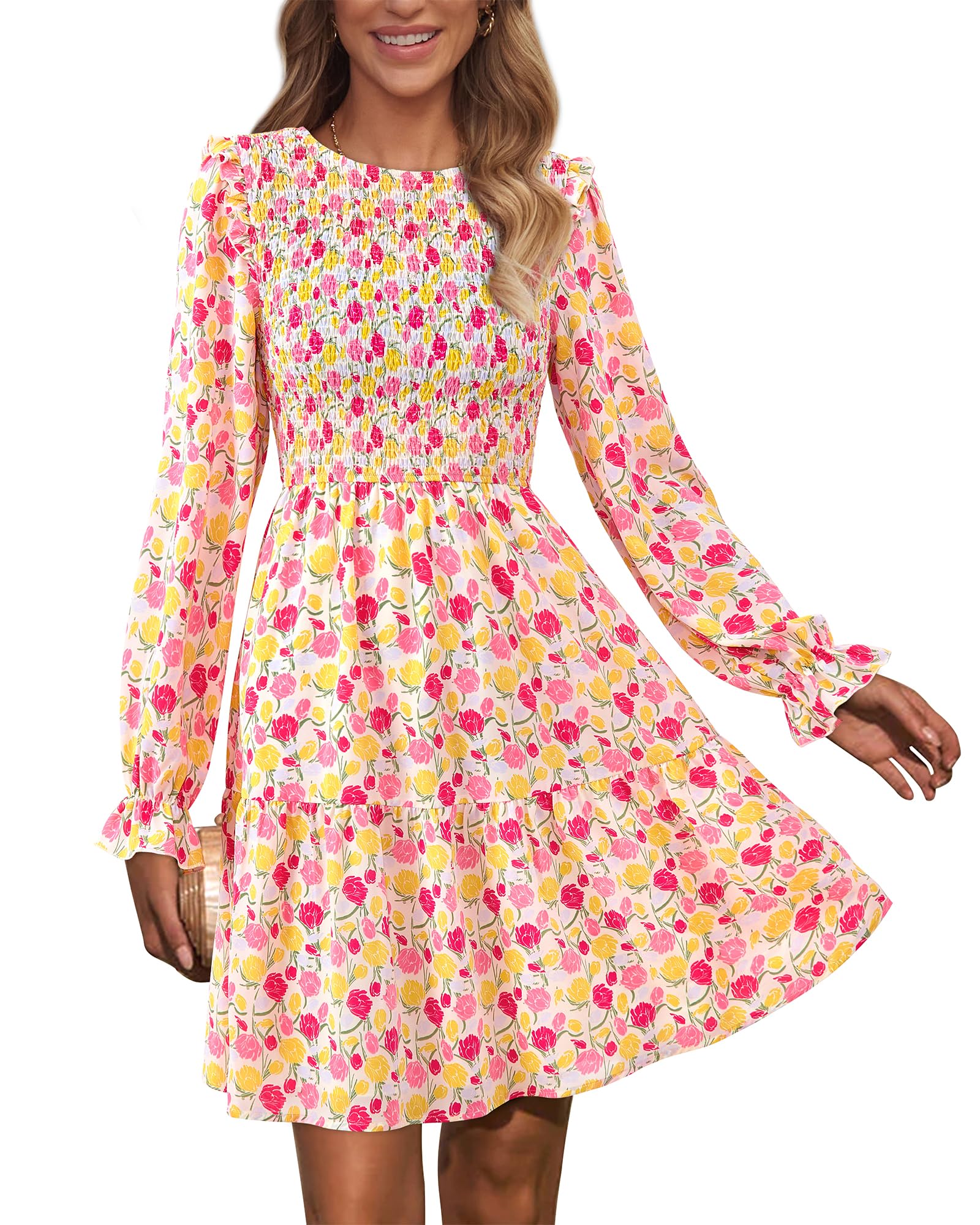 KIRUNDO Long Sleeve Dress for Women 2025 Summer Fall Wedding Guest Smocked Flora
