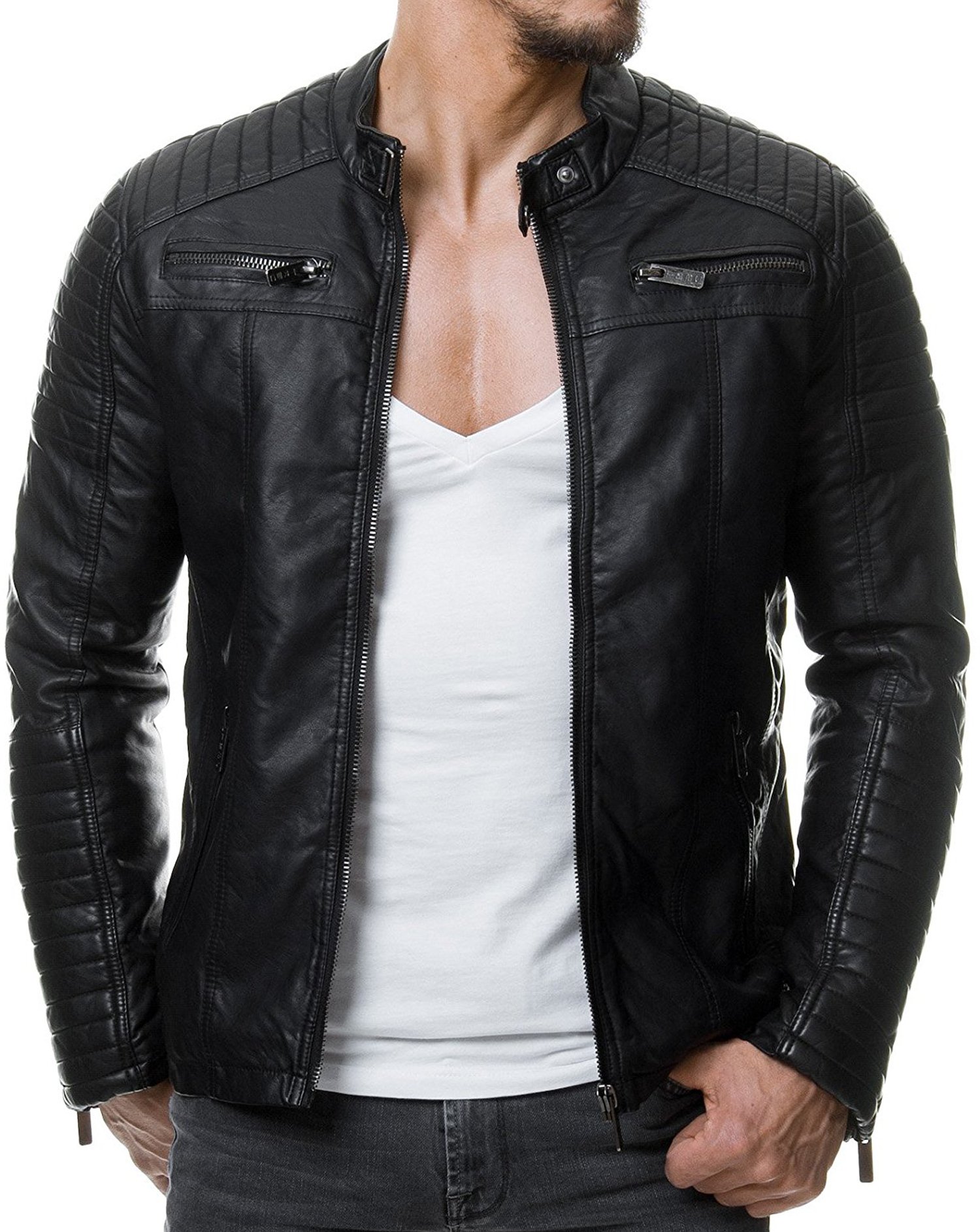 RED BRIDGE Men's Jacket Faux Leather Biker Casual Ribbed Fashion Cotton Jacket