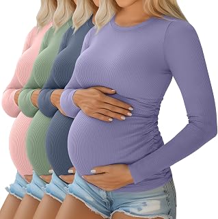 Ficerd Pack of 4 Women's Maternity Tops Long Sleeve Cotton Round Neck Ribbed Pregnancy Dresses
