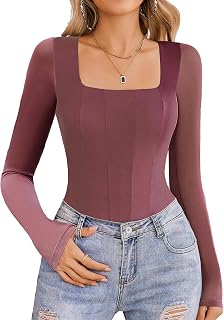 Avidlove Women's Long Sleeve Bodysuits Square Neck One Piece Body Suit Mesh Leotard Tops Double Lined Soft