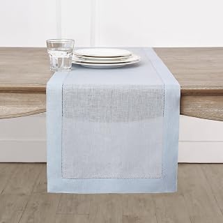 Solino Home 100% Pure Linen Table Runner Light Blue Hemstitch, 14 x 108 in