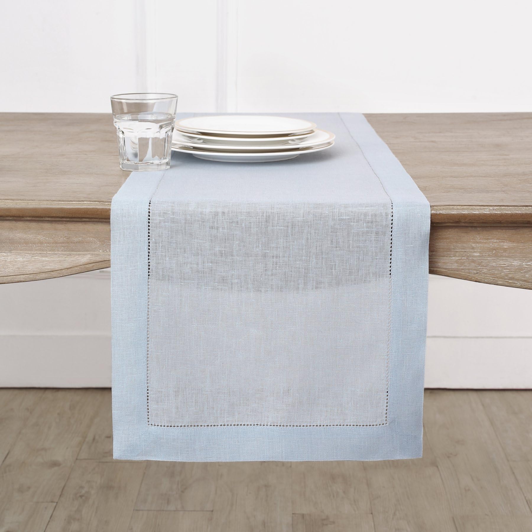 Solino Home 100% Pure Linen Table Runner Light Blue Hemstitch, 14 x 108 in