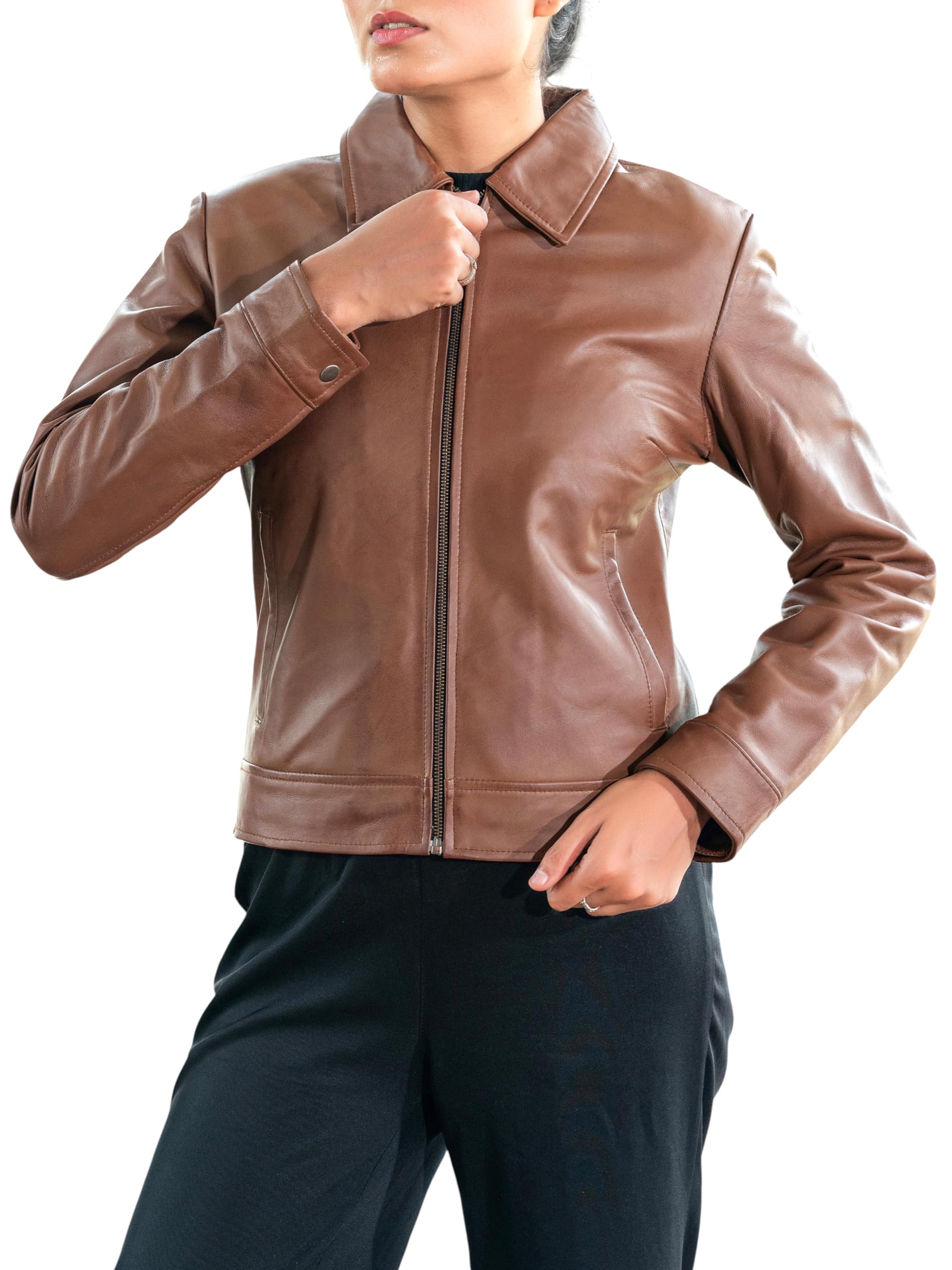 Jild Polo Collar Womens Leather Jacket - Old School Classic Everyday Wear Premiu