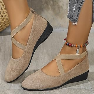 Women's Dress Flats Ballet Low Wedge Round Toe Fashion Elastic Ankle Strap Comfortable Casual Flats Shoes