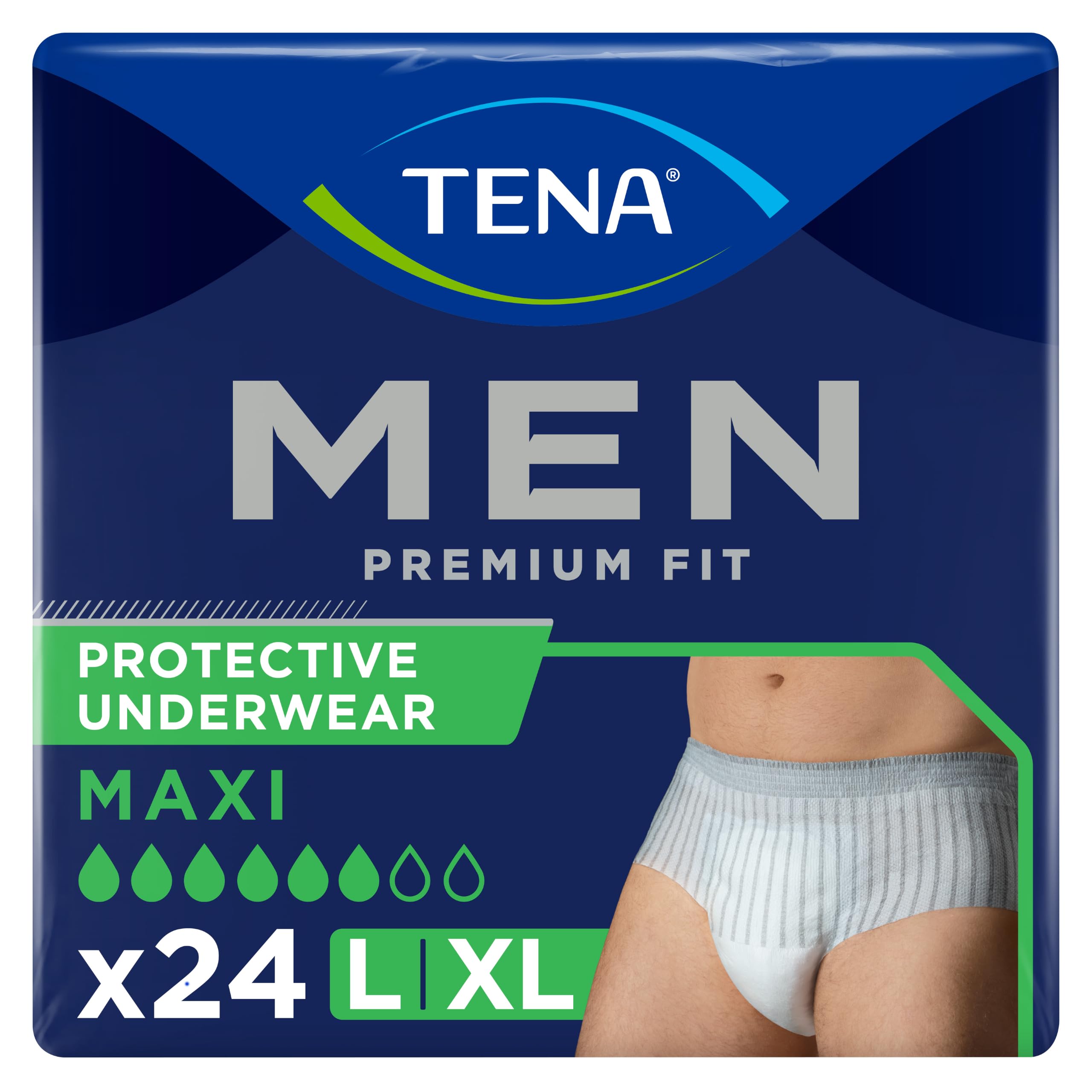 TENA Men Premium Fit Protective Underwear Maxi, L/XL, 3 Packs (24 Count)