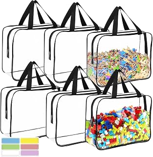 6 Packs Large Toy Storage Bags with Labels Reusable Clear Toy Organizer | Transparent PVC, Sturdy Zipper, Waterproof Organizer Bags for Building Blocks, Puzzle, Board Games Travel Storage, Save Space