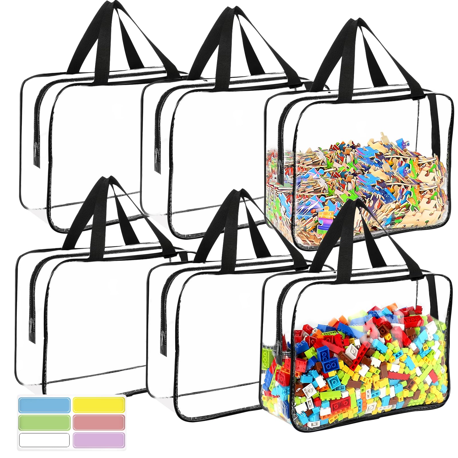 6 Packs Large Toy Storage Bags with Labels Reusable Clear Toy Organizer | Transp