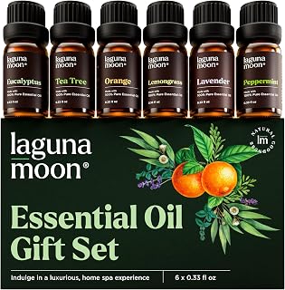 Lagunamoon Essential Oils Aromatherapy Set - 6 Oils for Diffusers, Home Care, Candle Making Scents, Fragrance, Humidifiers, Gifts - Peppermint, Tea Tree, Lavender, Eucalyptus, Orange (10mL)