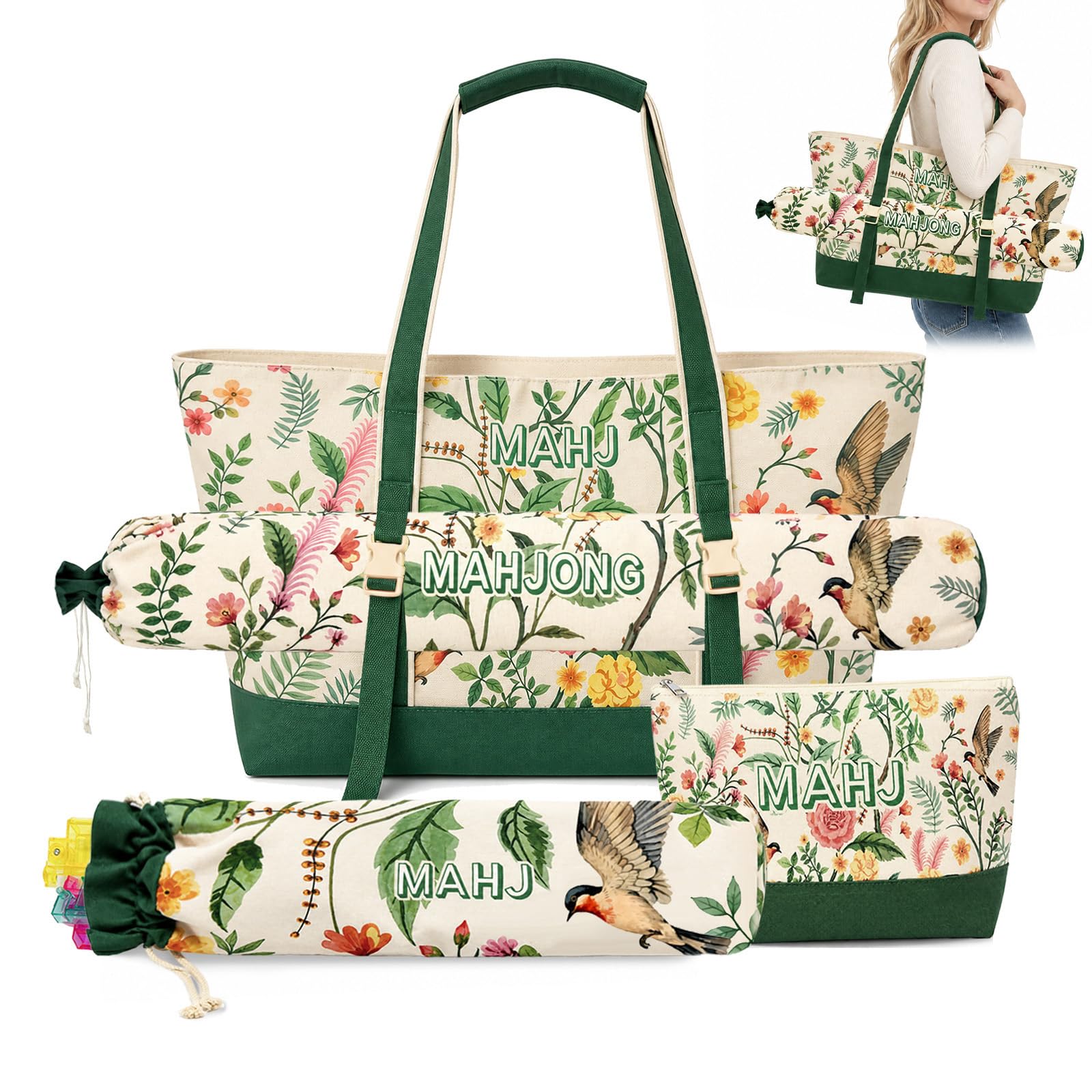 Mykng Nzw 4Pcs Mahjong Tile Bag Set for American Mahjong, Racks, Mat | Canvas Po