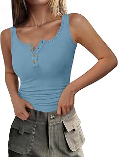 DUOEASE Women's Black Ribbed Tank Top with Buttons Round Neck T Shirt Women's Sleeveless -2XL