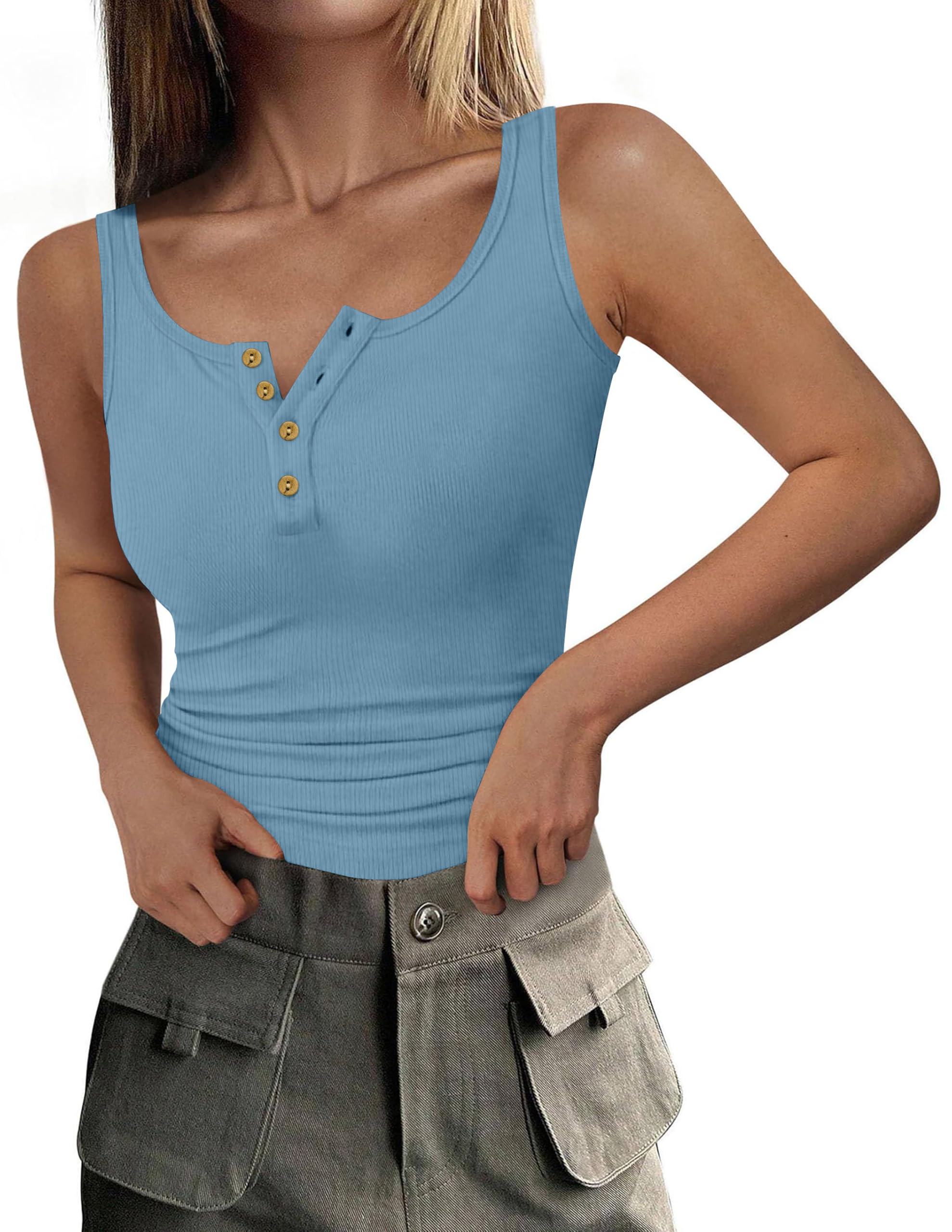 DUOEASE Women's Black Ribbed Tank Top with Buttons Round Neck T Shirt Women's Sl