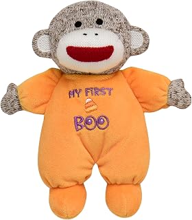Baby Starters Sock Monkey Halloween 9 inch Plush Rattle with Embroidery (My First Boo, Orange)