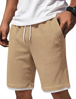 COOFANDY Pantalones cortos casuales de algodón con cordón de 7/9 pulgadas para hombre, pantalones cortos de punto gofre con cintura elástica para verano, playa, descanso