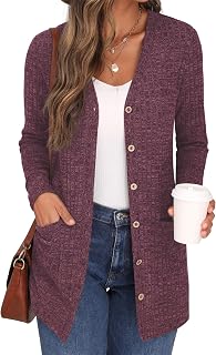 GRECERELLE Women's Long Cardigan Long Sleeve Elegant Comfortable Front Opening Buttons Pockets Sweater Lightweight V-Neck