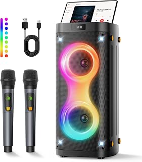 Karaoke Machine, Bluetooth Party Speaker with 2 Wireless Rechargeable Mics | Portable PA System with Lights, Outdoor Speaker, Peak 100W, 12H playtime, USB AUX TWS FM TF Card for Home Party Stage Monitor
