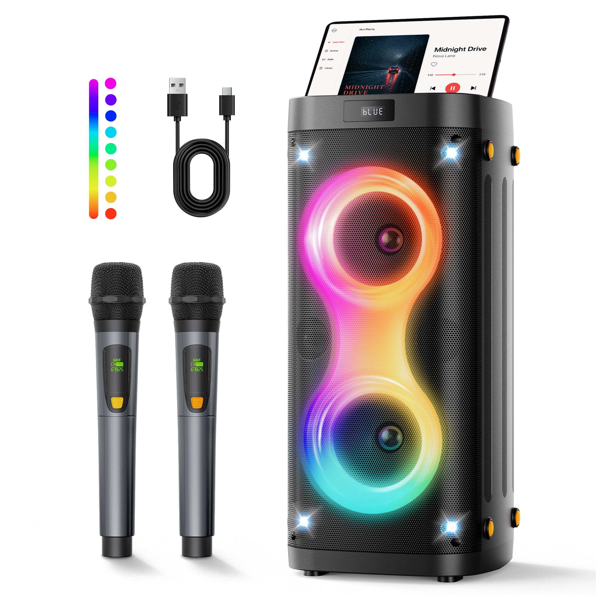 Karaoke Machine, Bluetooth Party Speaker with 2 Wireless Rechargeable Mics | Por