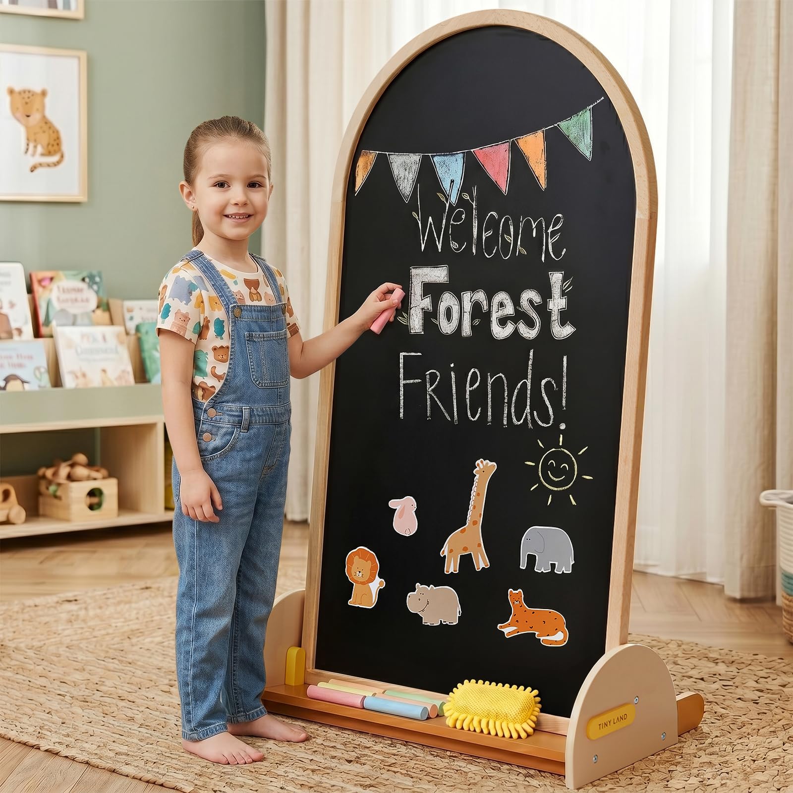 Tiny Land Kids Art Easel, Double-Sided Magnetic Chalkboard & Whiteboard | Large 
