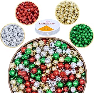 600 Pcs Christmas Pony Beads, 8mm Metallic Round with Elastic String - Red, Green, Silver, Gold - Plastic Craft Beads for Jewelry Making, Necklace, Bracelet, DIY Home Hanging Ornament Supplies