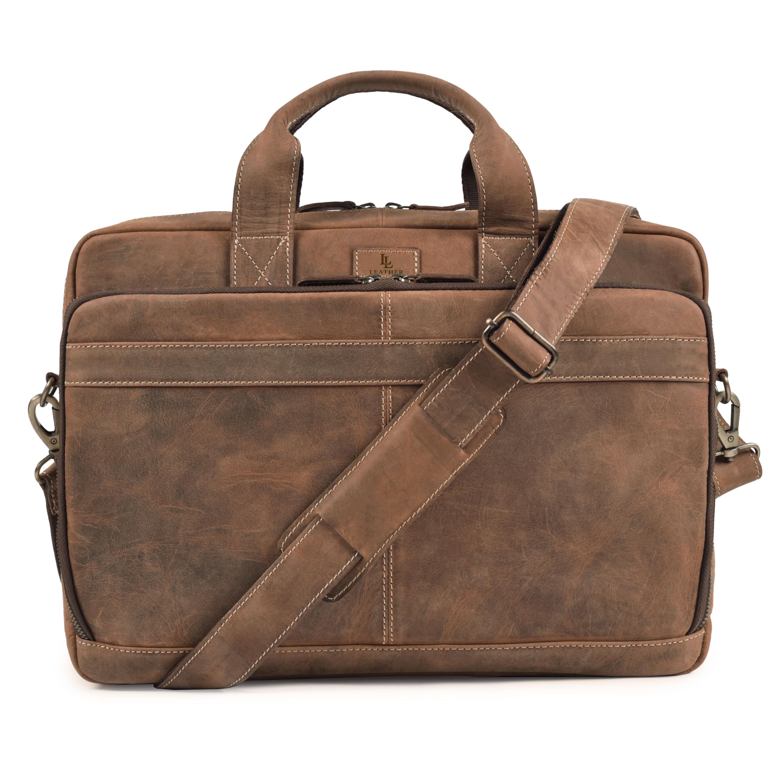 Leather Laptop Messenger Briefcase Bag for Men - Vintage Laptop Satchel with Adj
